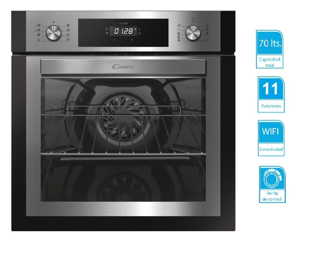 Horno de empotrar CANDY Eléctrico, Multifunción, 70 litros, Pirolítico + Aquactiva, Control a distancia avanzado y contenidos (Wi-Fi + BLE), Acero Inox, A x P x A (mm) 595 x 595 x 568FCNE886X WIFI