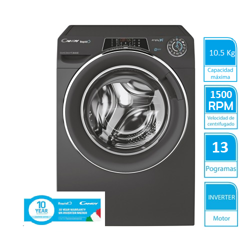 Lavarropa Candy RapidÓ Inverter 10.5 kg, 1500 RPM, 16 programas RO151056DWHCR-12